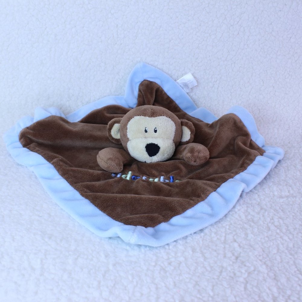 First Impressions MONKEY Plush Security Blanket Lovey Brown Blue 12.5" x 12.5"